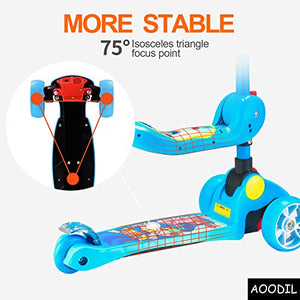 AOODIL 2-in-1 Kick Scooter for Kids Toddler 3 Wheel Scooter for Boys&Girls – Kids Scooter with LED Light Up Wheels – Adjustable Height Folding Scooter for Children from 2 to 12 Years Old